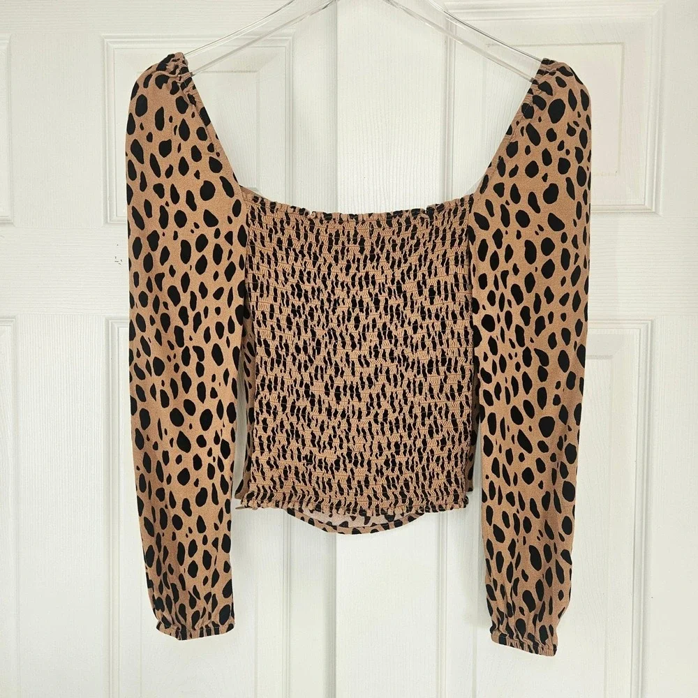 Reformation Reign Bobcat Animal Print Smocked Long Sleeve Square Neck Top Sz 6 - Picture 8 of 9